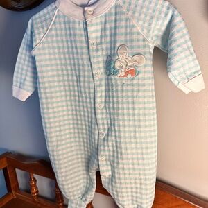 Adorable Blue Checkered Kids Footie with Bunny Embroidery